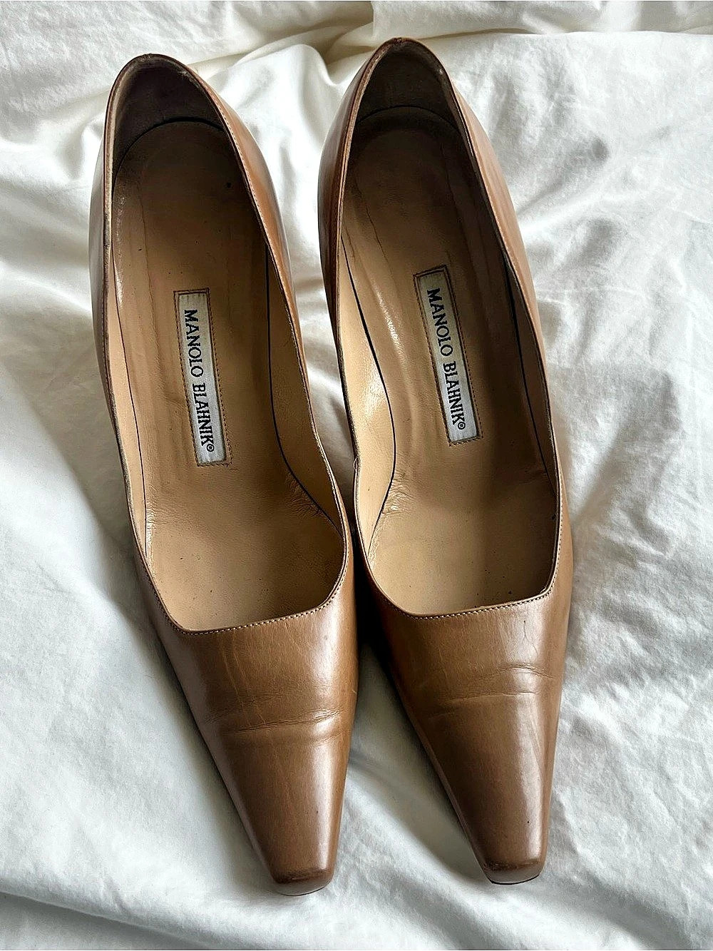 Vintage Manolo Blahnik Tan Leather Square Toe Pumps Heel Size 37.5
